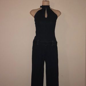 Vantage Dark Blue Denim Halter-Bootleg Jumpsuit